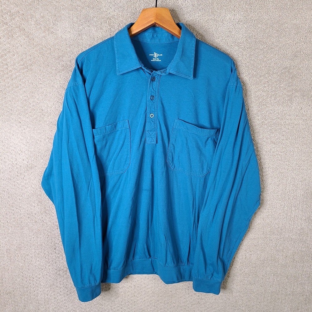 John Blair Shirt Mens XL Tall Blue Polo Long Sleeve Dual Pocket Banded Bottom